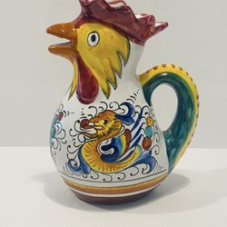 Vintage DERUTA Roster Ceramic Pitcher Farmhouse Chicken Jug Hand Painted Italy 7” Tall