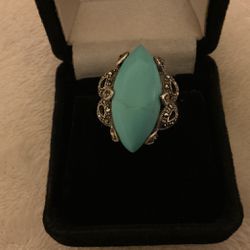 Vintage Sterling Silver 925 Solid Ring With Genuine Turquoise Stone & Marcasite, Size 9