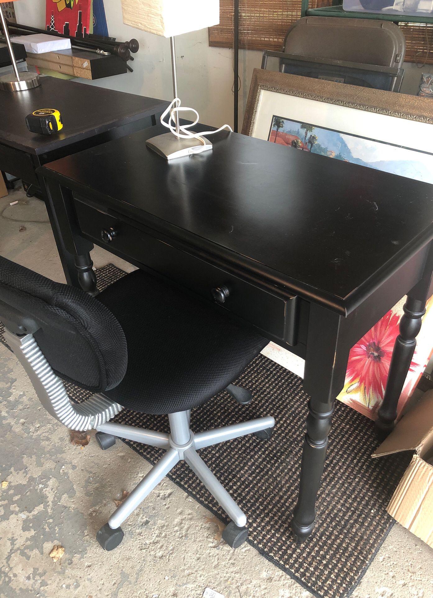 Desk, lamp chair
