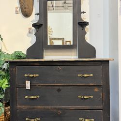 Antique black 19th century distressed vanity 3 drawer dresser  Commode free mirror