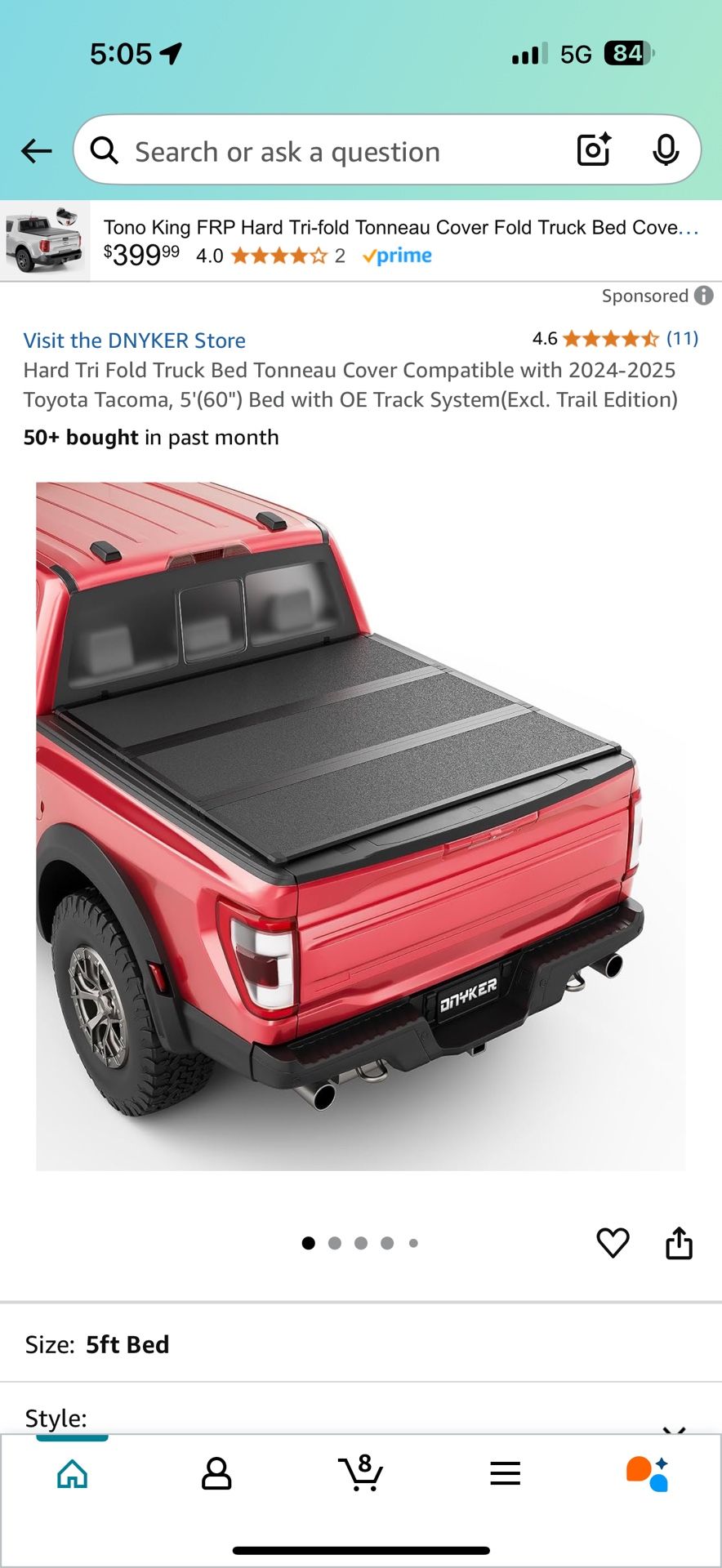 Tri Fold Cover for 2024-2025 Toyota Tacoma With 5ft Bed