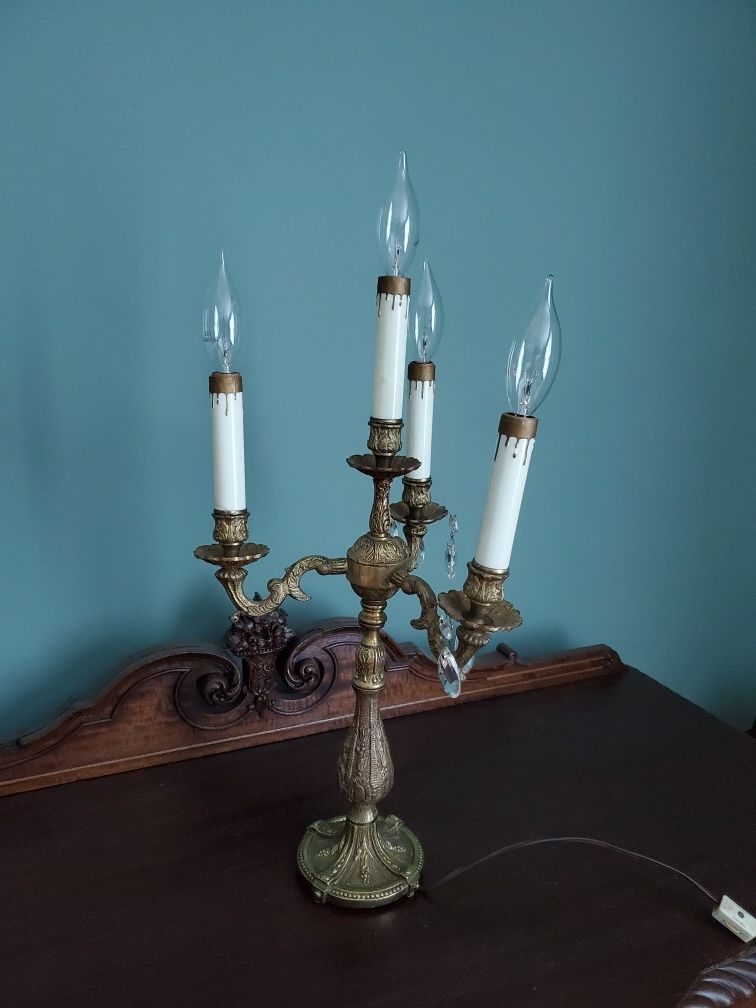 Antique brass candelabra 4 lights electric lamp some hanging crystals missing- sells/ships without light bulbs