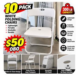 10-Pack White Plastic Folding Chairs – 300 LB Capacity