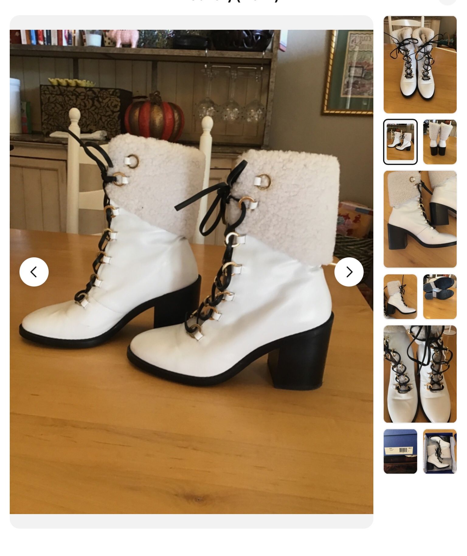 Stuart Weizman Sz 8 EUC Real Shearling, Leather, Block Heel White/black Gold Details