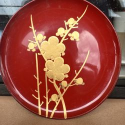 Antique Chinese Small Lacquered Plate Red Set of Gold Hand Painted