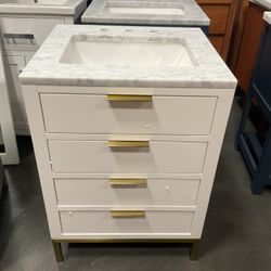 24” White Solid Wood Bathroom Vanity With Marble Top (V1283)