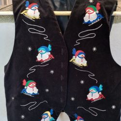 Black Velvet Ladies Vest With Snowmen Size S 