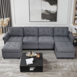 115" U Shaped Sectional Couch Convertible Sectional Couch With Double Chaise 6 Seat Sectional Sofa For Living Room