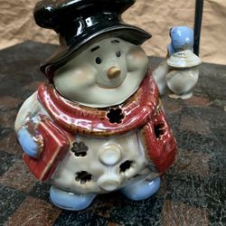 Christmas Ceramic Snowman Tealight Candle Holder w Lantern Tii Collections 7 in