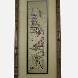 Vintage Chinese Silk Embroidery – Garden Scene with Pagoda & Figures, 12.5x27”