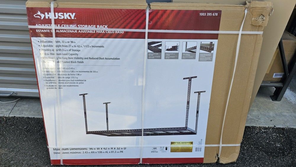 * 97.5 in. W x 43.75 in. H x 32 in. D Adjustable Height Metal Heavy-Duty Overhead Garage Storage Rack in Black