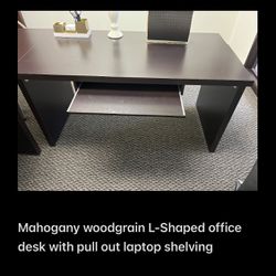 Mahogany woodgrain L-Shaped office desk with pull out laptop Shelve