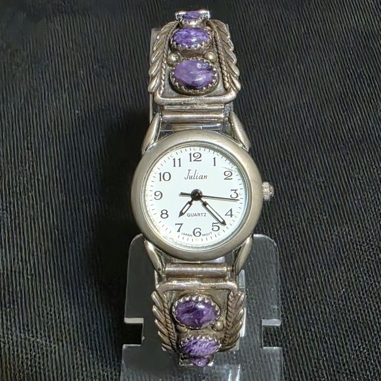 VTG Sterling Silver Julian Charoite  Elastic Band Bracelet 22mm Watch Native ?