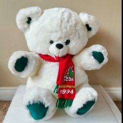 20" Vintage 1994 Christmas Teddy Bear White Plush In Red Scarf 