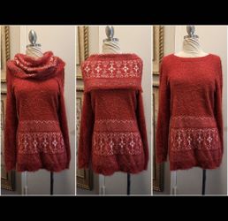 Lauren Michelle Red Convertible Neckline Tunic Sweater, Holiday Pattern Sz M NWT