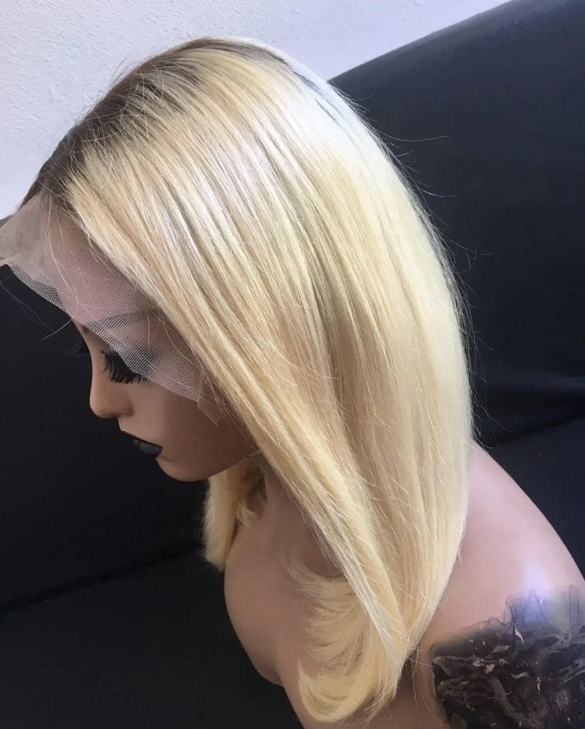 13x4 Synthetic Pre-plucked Ash Blonde Ombré Transparent Lace Front Wig, 12 inch
