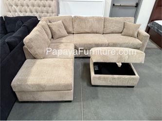 105”L Reversible chaise couch. New! Camel Plush Sectional And Storage Ottoman, Sectional Couch, Sofa, Reversible Sectional, Couch, Brown Sectional, Re