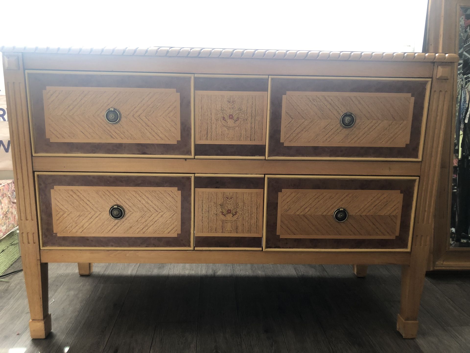 Vintage wooden dresser with floral inlay