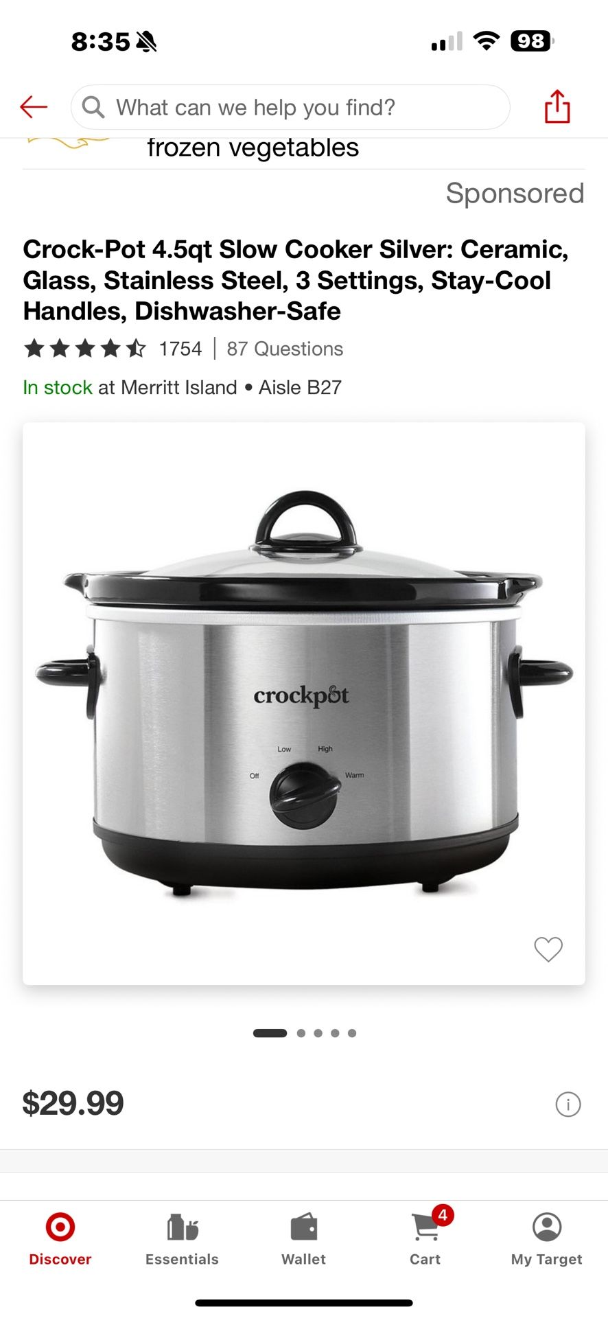 Crockpot 4.5 Qt Stainless steal Slow Cooker