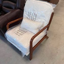 Modern Accent Chair, Corduroy Upholstered Lounge Chair with Rubber Wood Armrests Beige + Brown