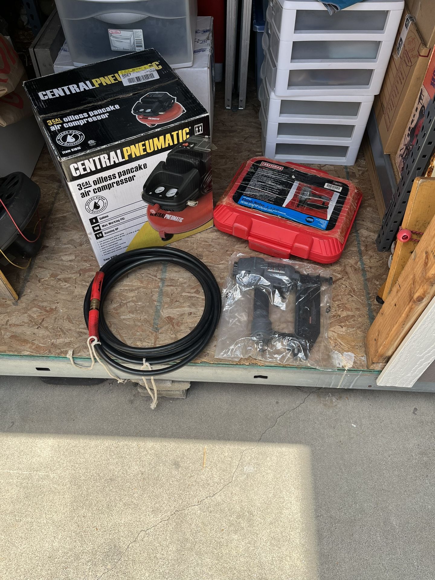 Air Compressor, Nail Gun , And Hose