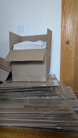 Lot of Like New Cardboard Moving Boxes 40+ large, medium, small boxes + packing paper