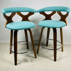 Gardenia Teal Fabric Counter Stools with Walnut Wood & Chrome Footrest (Set of 2)
