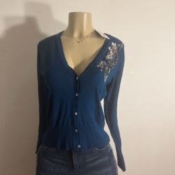 New Beautiful Poseidon Blue Cardigan Rhinestone Buttons (With Tag Attached) Size Small 