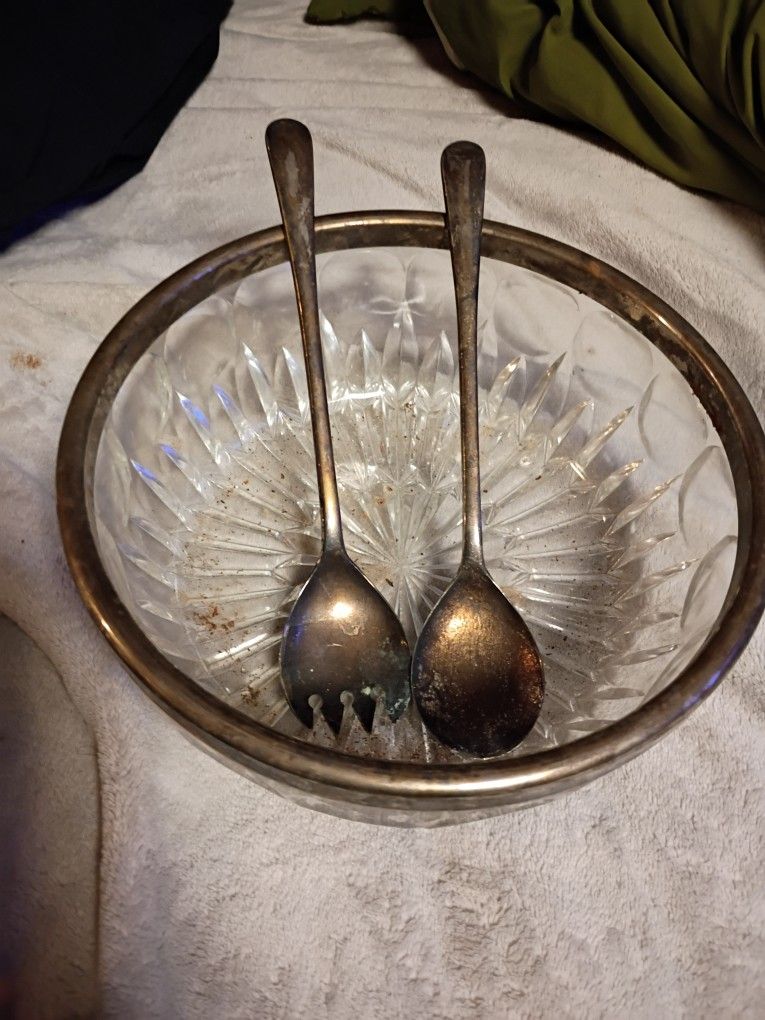 Vintage Crystal And Silver Salad Bowl
