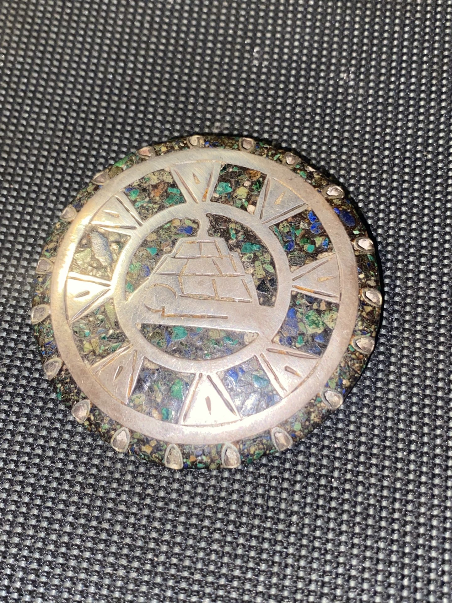 Vintage Aztec turquoise inlay sterling silver/pendant Pin