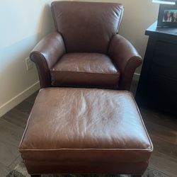 Crate & Barrel “Laramie” Leather Chair & Ottoman – Chestnut