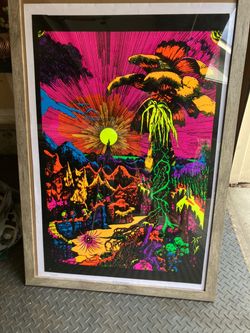 vintage Lost Horizon blacklight poster featuring a glowing, psychedelic tropical and mountainous landscape.