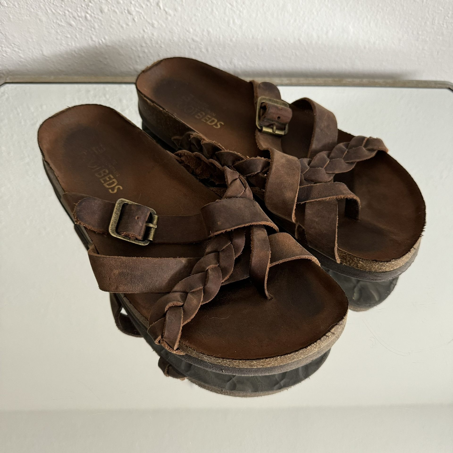 WHITE MOUNTIAN Brown Suede Leather Harrington Braided Strappy Slip On Sandals