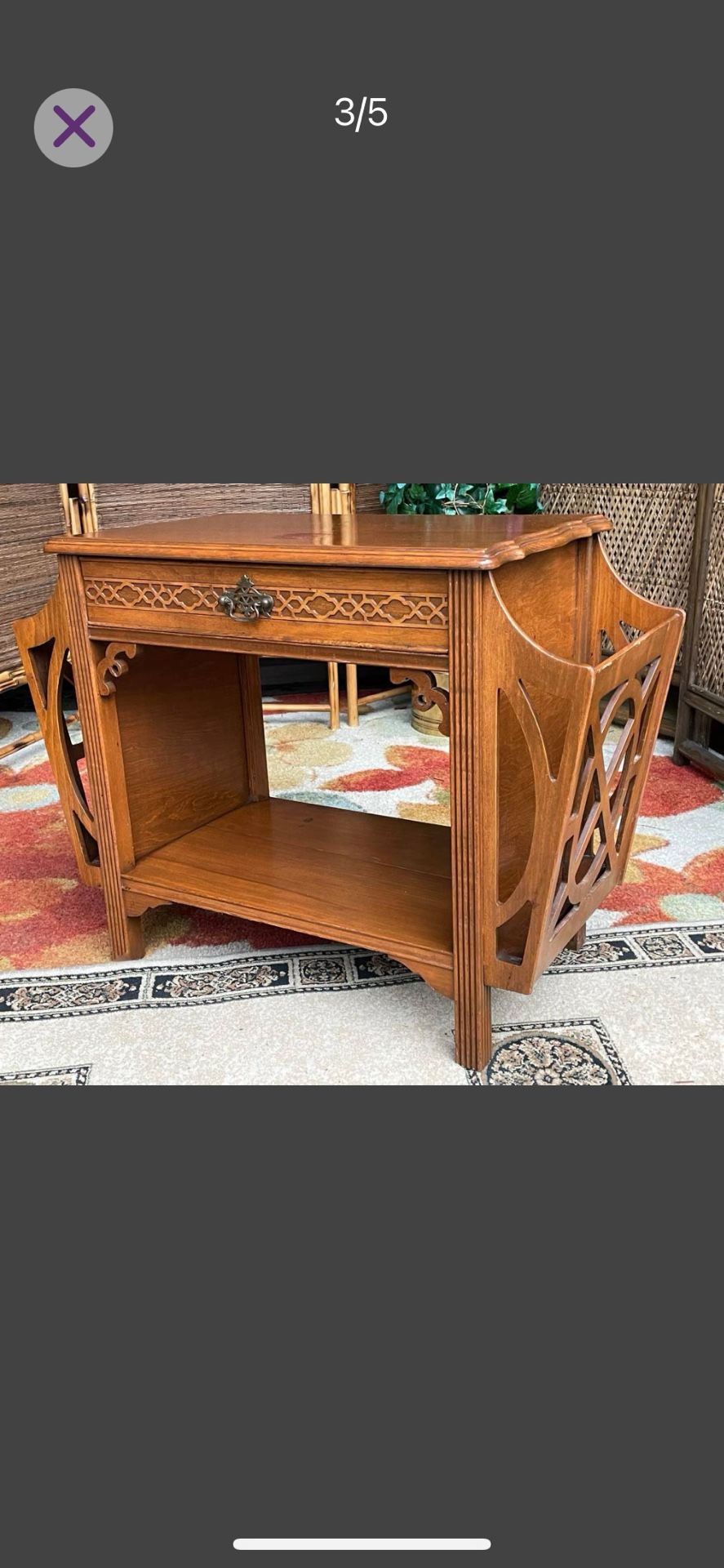 Vintage Antique Table, w Drawer and Magazine Storage, Solid Wood - 28W x 21H x 13D - Sold As is