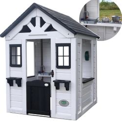 Backyard Discovery Sweetwater White Cedar Wooden Kids Playhouse Cottage with Play Kitchen, Snack Bar, Half Door, Toy Phone, Windows, Flowerpot Holders