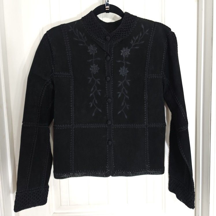 Vintage Women's Suede Jacket 70s Black Leather Patchwork Crochet