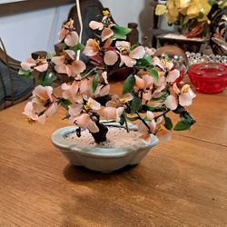 Vintage Jade Glass Bonsai Tree Japanese Oriental Tree Rose Quartz Cherry Blossom In Ceramic Celedon Pot 9.5"H X 10.5"W
