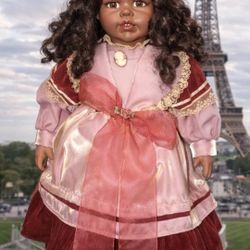 African American Porcelain Doll – Burgundy & Pink Dress  Great Condition