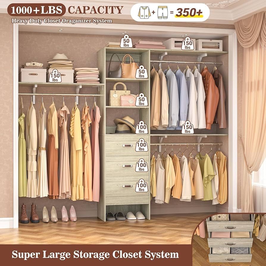 8FT Closet System, 96'' Closet Organizer System with 3 Hanging Rods, Wall Mount Bedroom Wardrobe with 3 Drawers Walk-in Closet, Adjustable Garment Rac