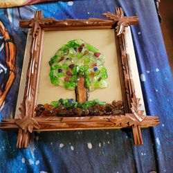 Tramp art frame Bering Sea  Sea glass mosiac.