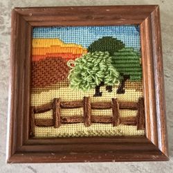 7” x 7” Framed Handmade Crewel/Needpoint Farmland Landscape Art