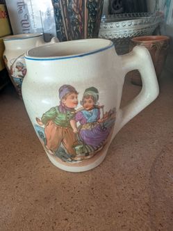 Antique Roseville Dutch Creamware Decal Pottery Mug 5"