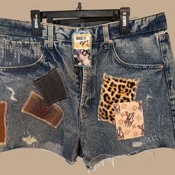 Custom handmade denim shorts with patch patches