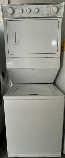 The Whirlpool stackable electric laundry 72.75" H x 27.38" W x 32.25" D.top-load washer (2.5 cu. ft.) and a front-load dryer (5.9 cu. ft.)