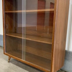 MCM 1950’s solid Walnut wood display  Bookcase w/ glass sliding doors