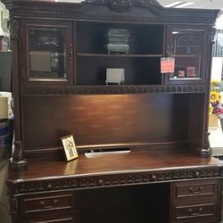 Solid Wood Rich Brown Finish Desk With Hutch