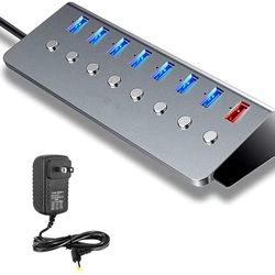 USB 3.0 Hub 8 Port,5V/3A Power,Support 7 USB 3.0 Simultaneous Inputs and one USB Charging Port,Independent Switch with LED,Metal case