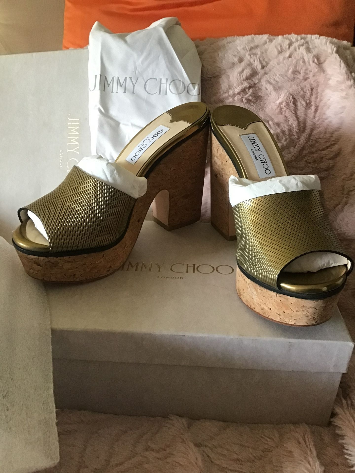 Jimmy Choo Gold Deedee Cork Heel Sandal