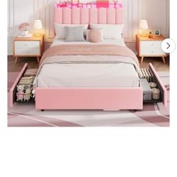 Garvee LED Full Size Bed Frame with Storage Headboard, Kids Bed Frame with 2 Drawers, Boucle Upholstered Platform Bed for Girls, Chic Wavy Headboard w