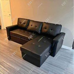 Faux Leather Black Sectional Sofa Pull Out Bed Sleeper Buy Now Pay Later 